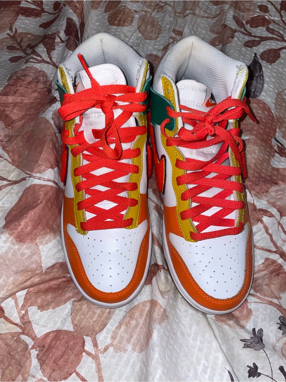 Nike Men’s White, Orange, Yellow & Green High-Top Sneakers with Red Laces